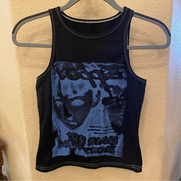 Women or teens Black Blue Face Print Graphic Tank Top Size Small - Picture 1 of 5